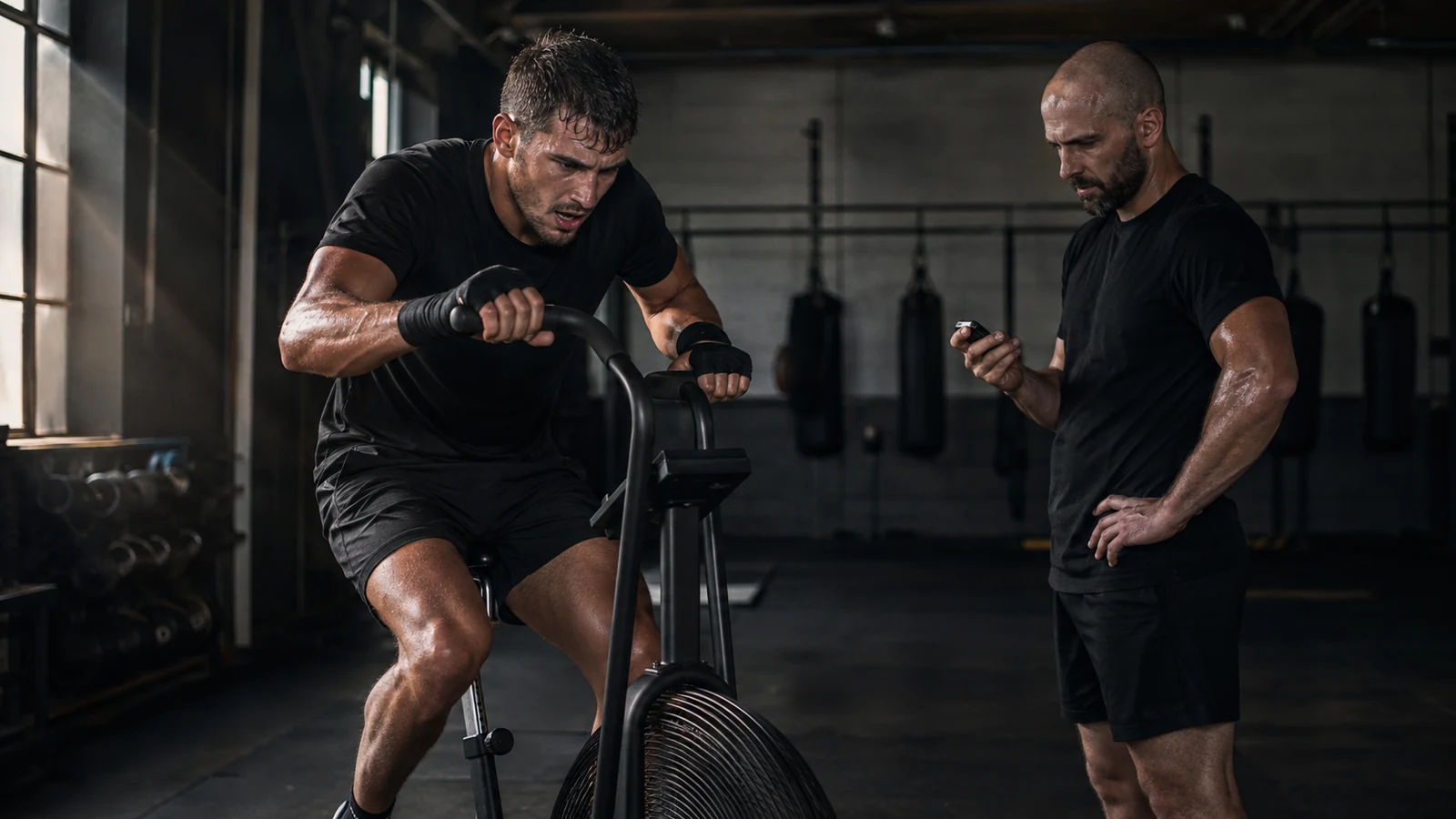 Sweaty combat-sports trainee completes a hard air-bike interval while a coach times the effort.