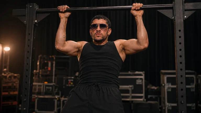 Bad Bunny performs a strict pull-up on a freestanding bar in an unbranded backstage rehearsal space.