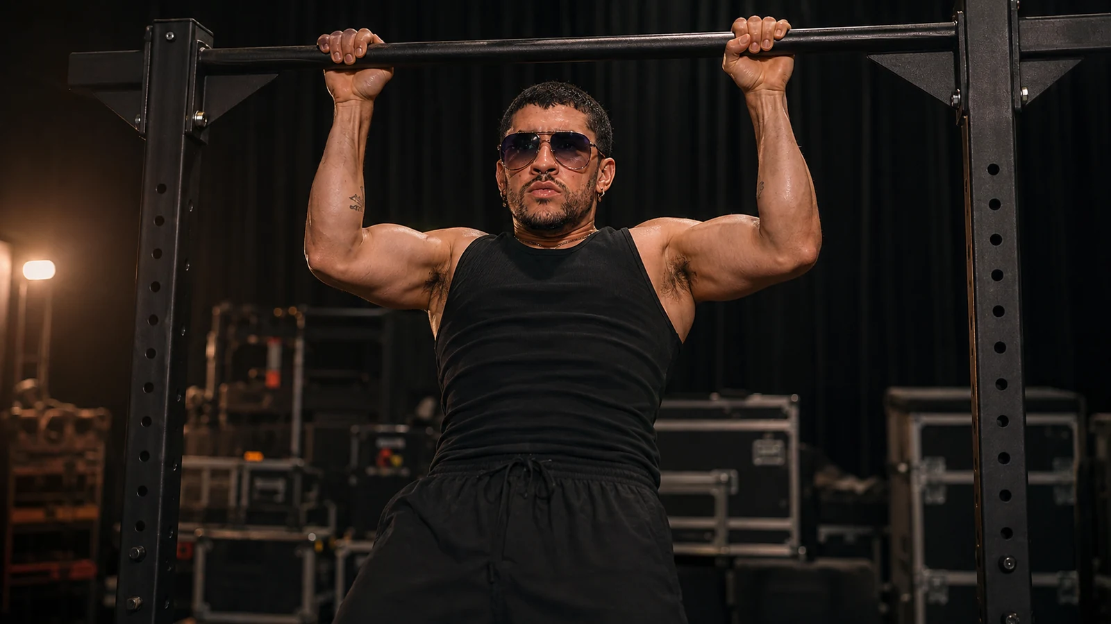 Bad Bunny performs a strict pull-up on a freestanding bar in an unbranded backstage rehearsal space.