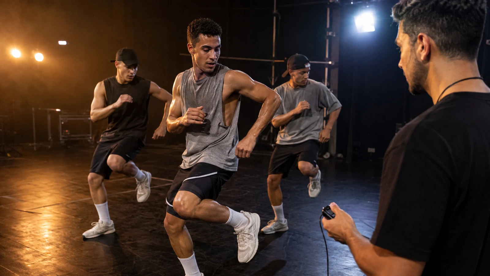Athletic Latino male performer rehearses high-energy choreography with two dancers while a coach times the effort on an unbranded stage.