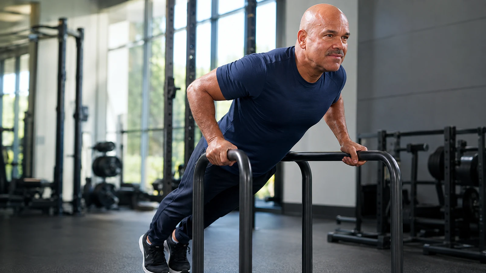 Mel Rodriguez performs a controlled incline push-up on parallel bars in a bright, unbranded gym.