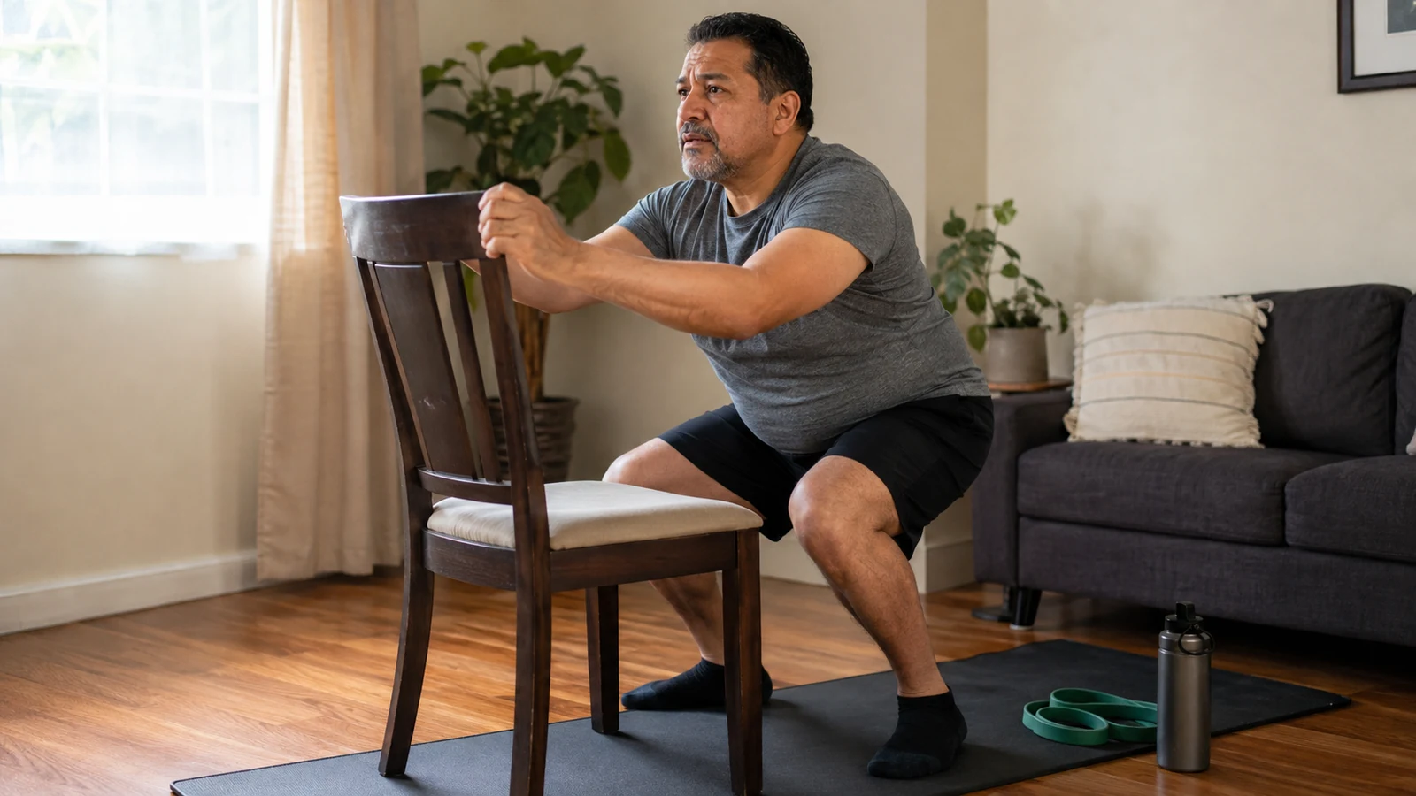 Middle-aged Latino man performs a controlled supported bodyweight squat beside a sturdy chair in a sunlit living room.