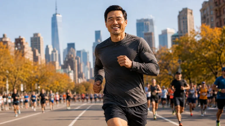 Randall Park runs in a plain dark outfit on a sunny New York City marathon course.