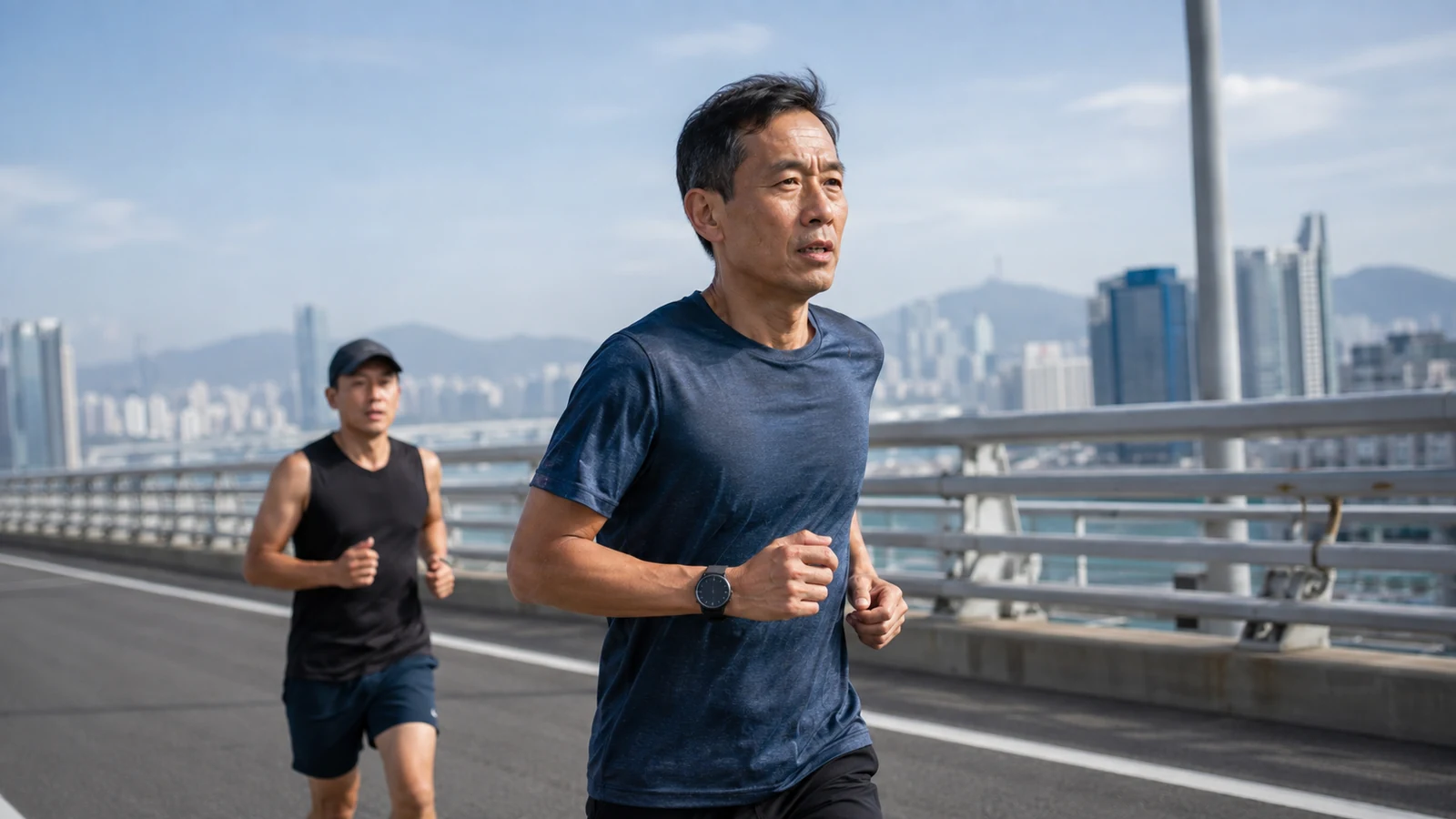 Older East Asian runner holds a relaxed pace across an urban bridge during a long run with a training partner behind him.