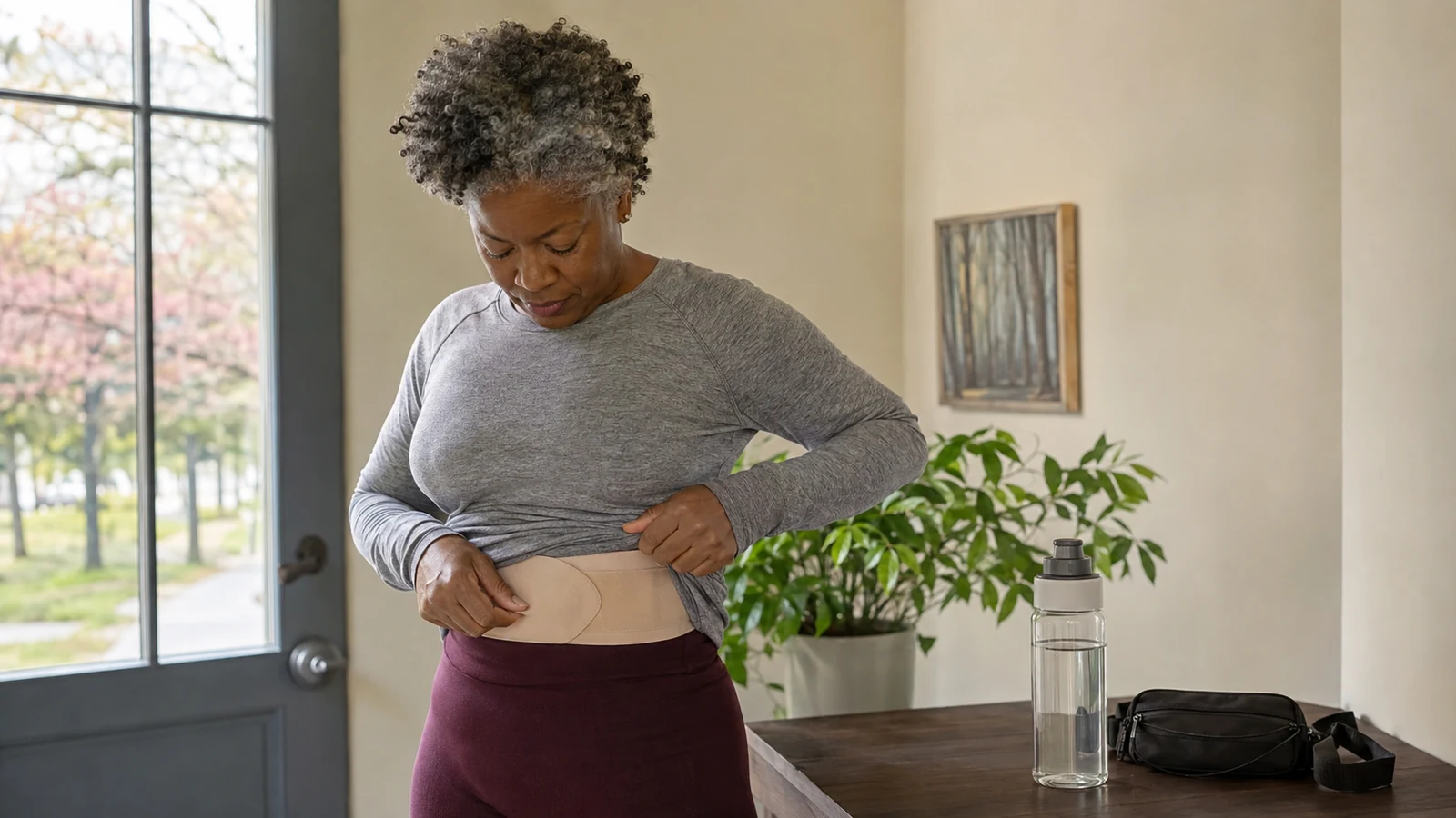 Woman discreetly adjusts a plain ostomy support belt before a park run, beside a water bottle and waist pack.