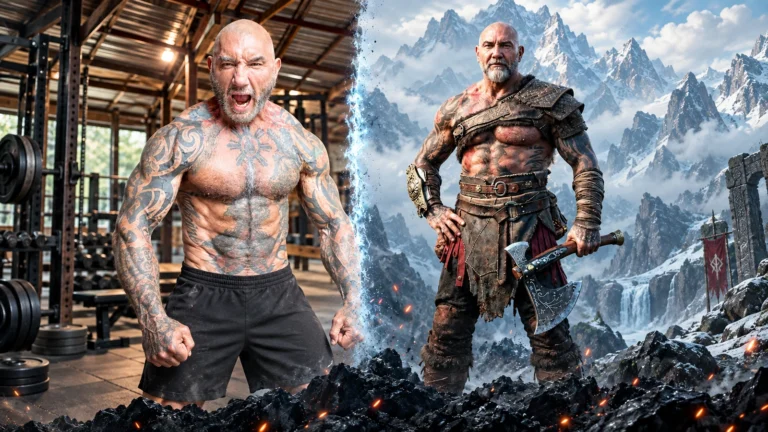 Dave Bautista shown training beside a Kratos-inspired role visualization