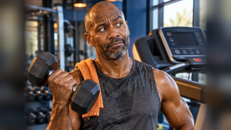 Man holding a dumbbell beside a treadmill in a gym
