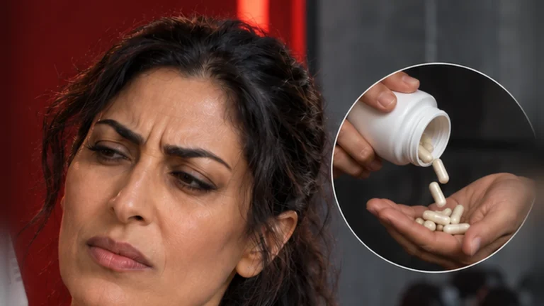 Concerned woman beside an inset showing capsules poured from a plain bottle