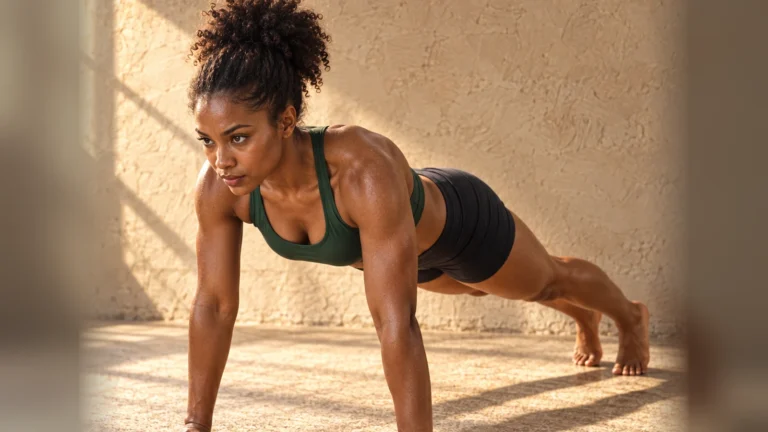 Woman holding the top position of a floor push-up