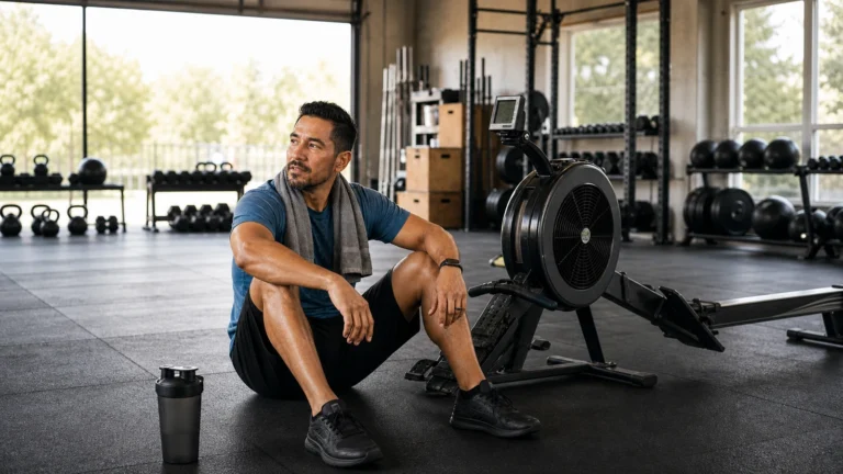 Athlete resting beside a rowing machine after a training session