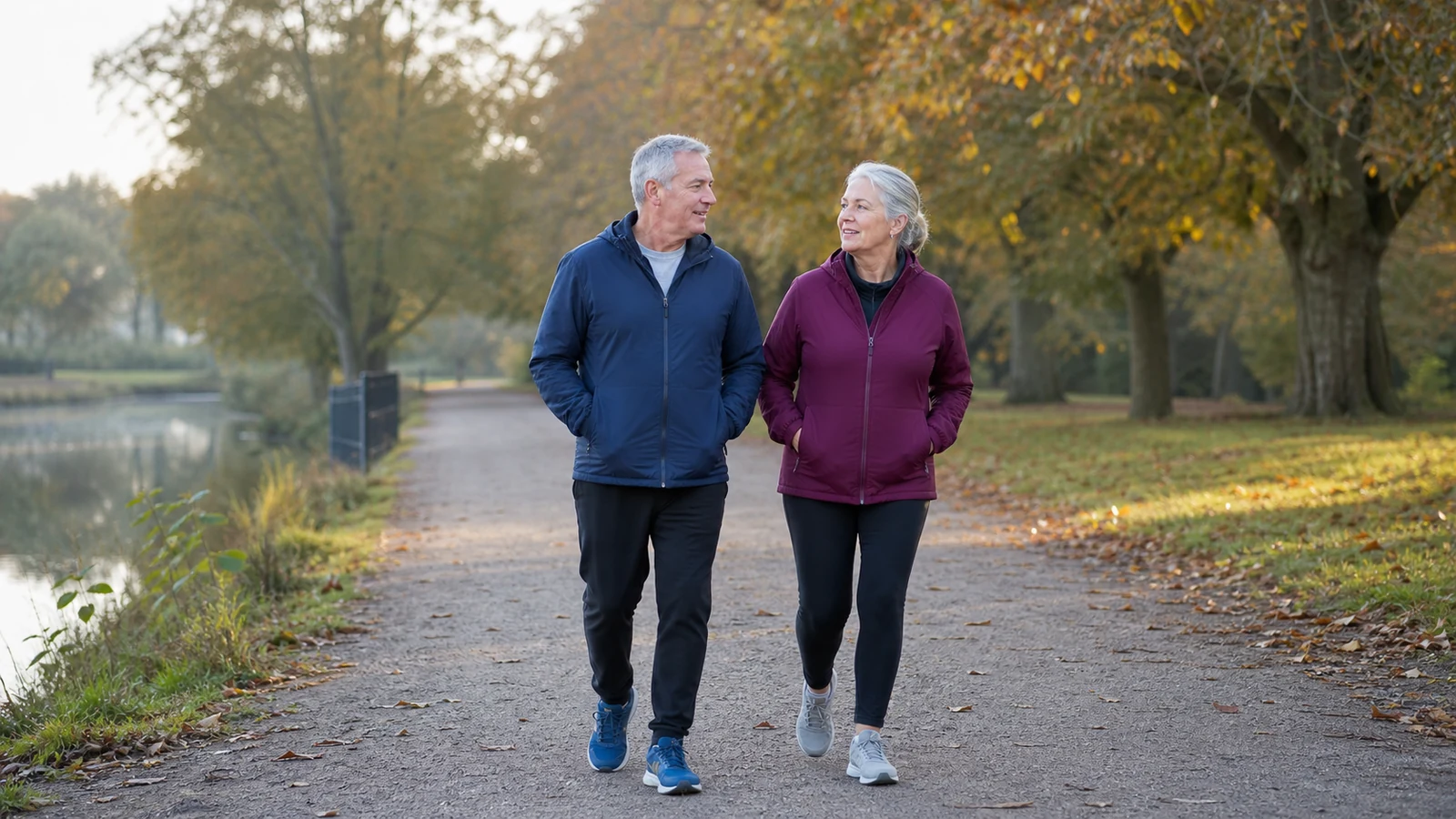 Two older adults walking together on a park path before exercise.