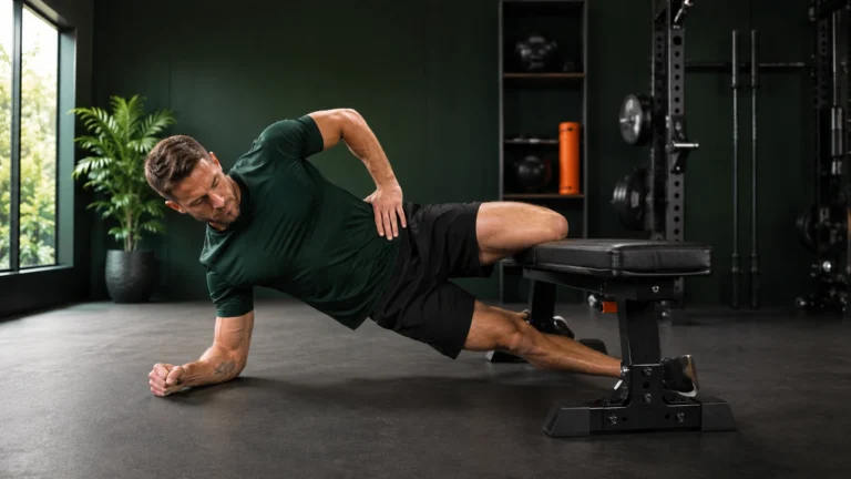 Athlete performs a short-lever Copenhagen adduction exercise with the knee supported on a bench.