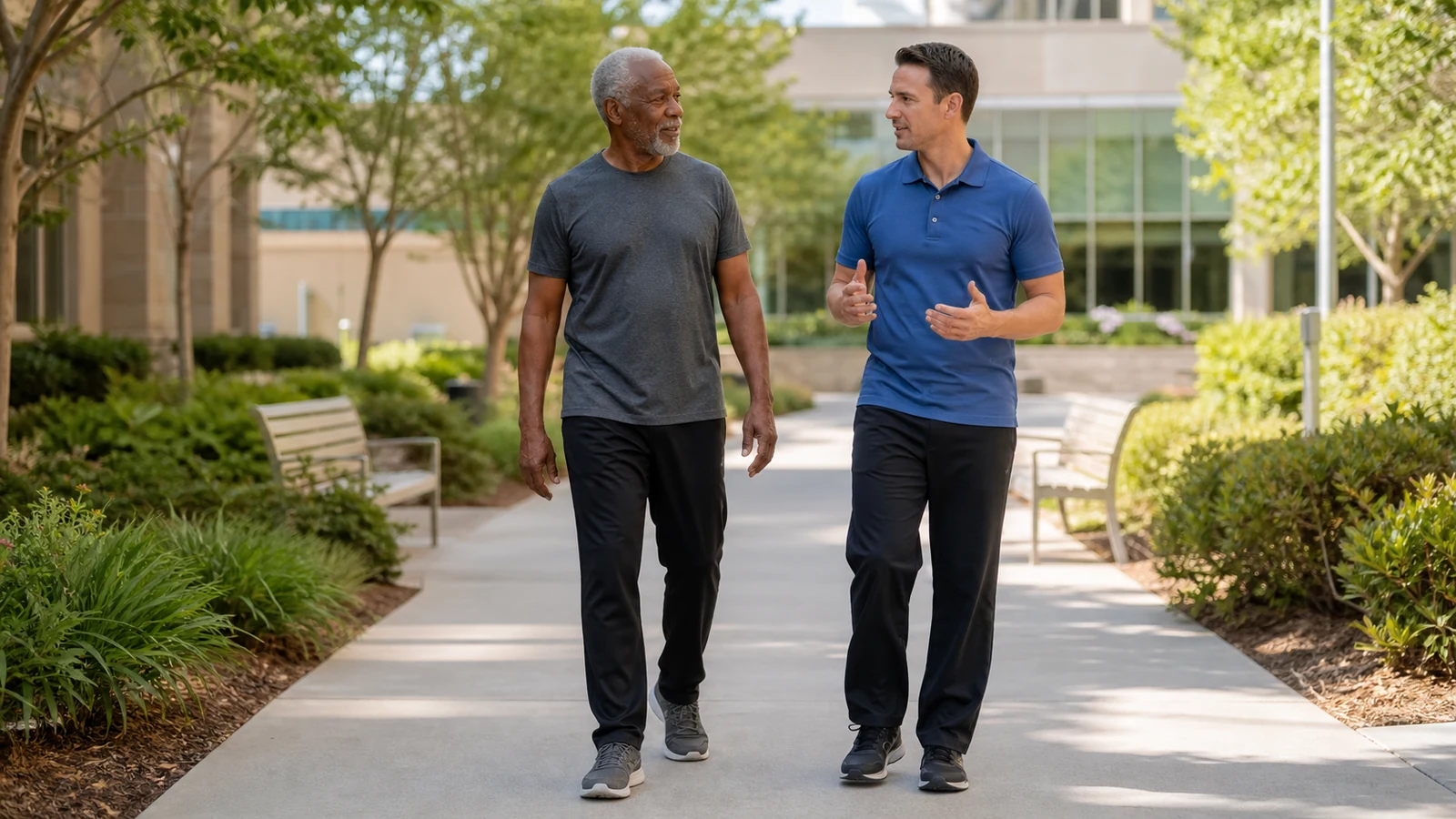Older Black man taking a supervised low-impact walk with an exercise professional in a hospital garden