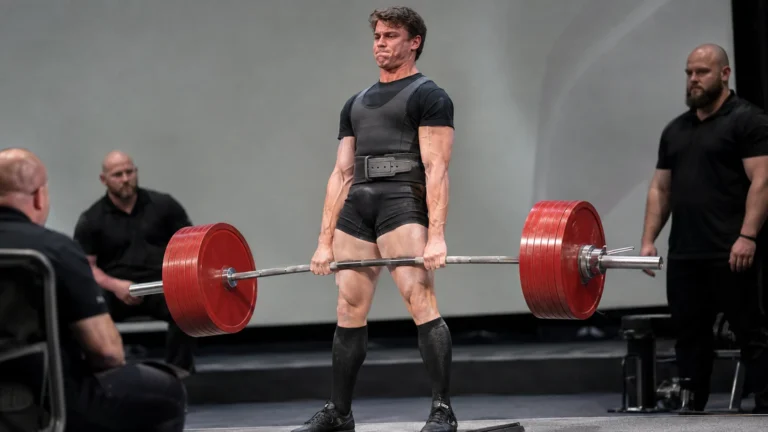 Alexis Maher locking out an equipped competition deadlift with red plates