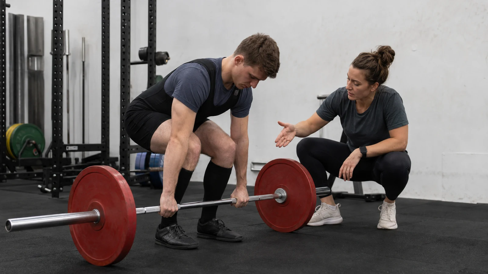 Recreational powerlifter practicing a light standard-bar deadlift setup with a female coach