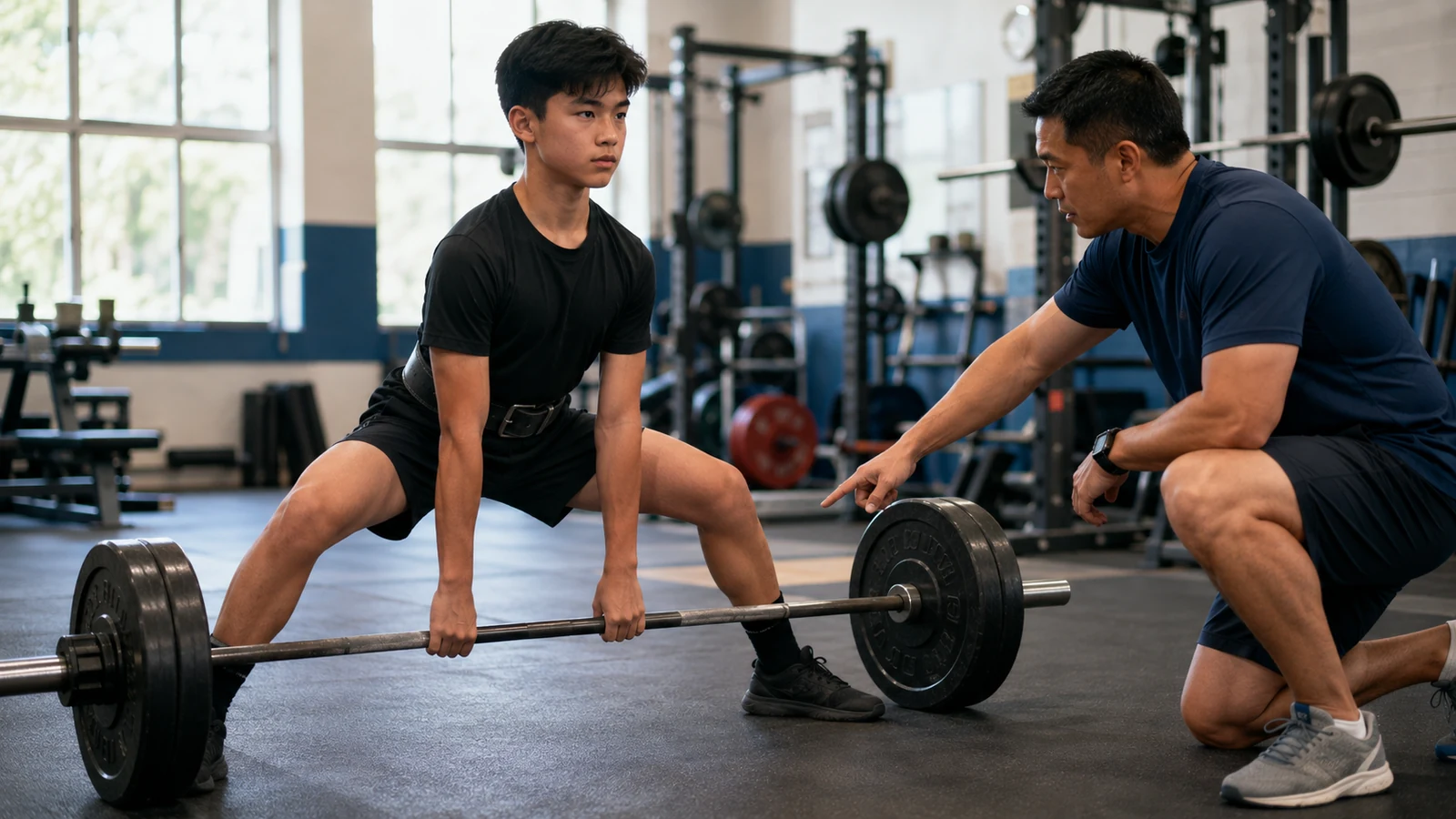 Teenage lifter practicing a light sumo deadlift while a qualified coach cues stance and bar position