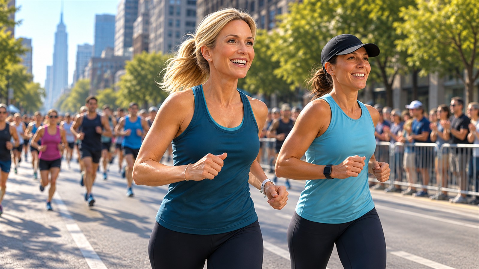 Editorial running illustration inspired by Amy Robach completing a city half marathon alongside another runner.