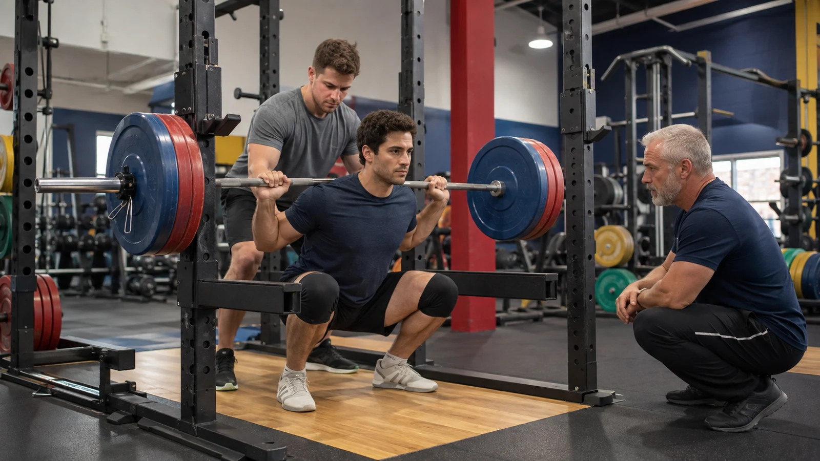 Young powerlifter practicing squat depth and bracing with a coach and rear spotter
