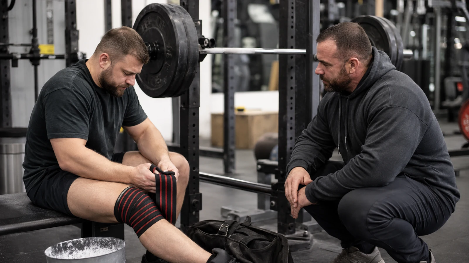 A recreational powerlifter wraps one knee beside a squat rack while a coach watches