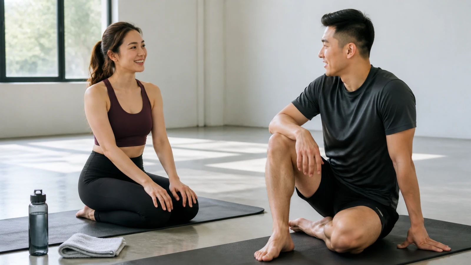 Two adults taking a short break after a floor-based mobility session in a bright studio.