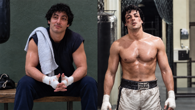 Anthony Ippolito as young Sylvester Stallone in I Play Rocky beside Stallone in the 1976 Rocky film
