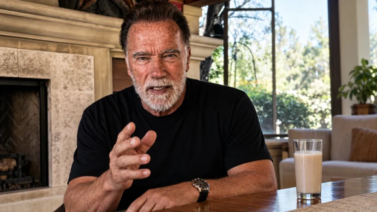 Arnold Schwarzenegger discussing soy protein beside a plain shake