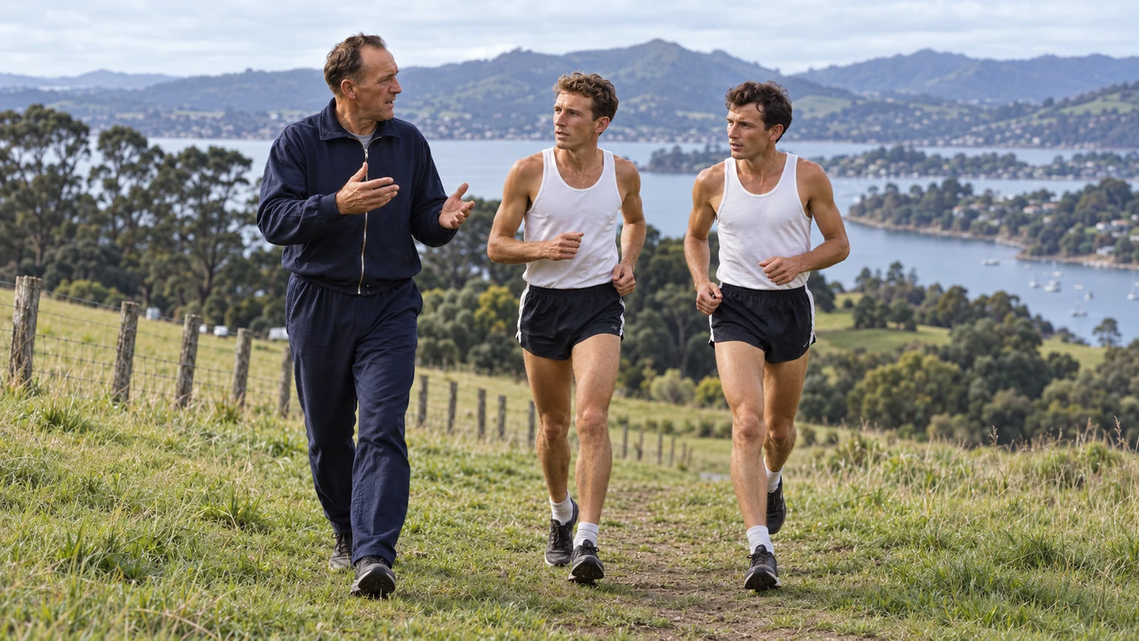 AI editorial reconstruction of coach Arthur Lydiard talking with two runners on a grassy hillside.