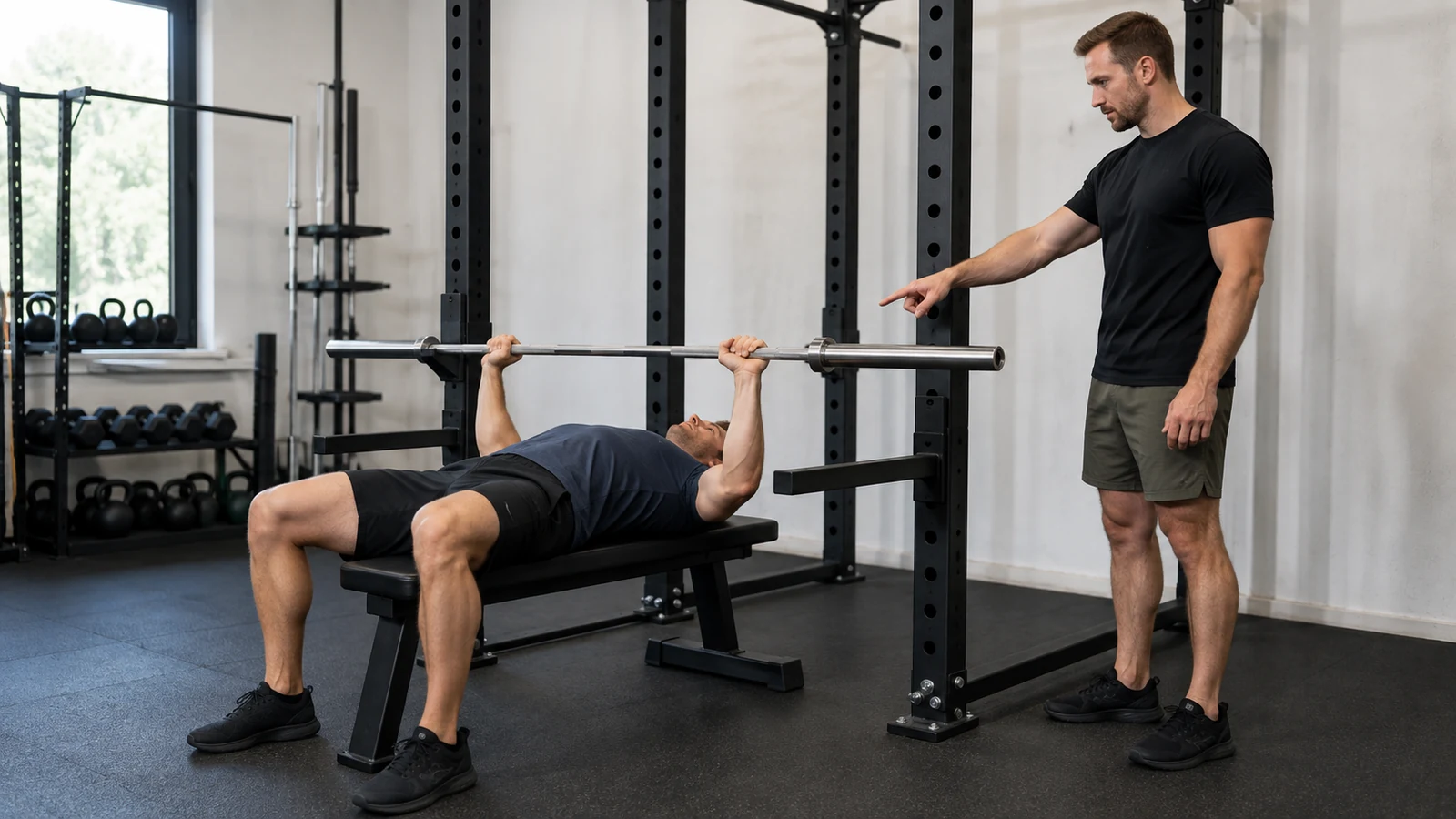Recreational lifter practicing a consistent empty-bar bench path while a coach observes.