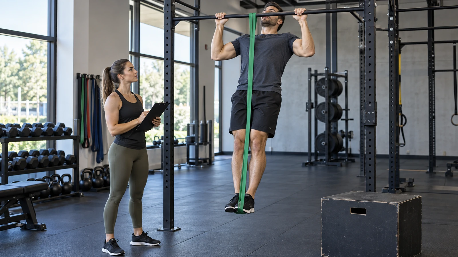 Trainee performing a band-assisted strict pull-up while a coach observes