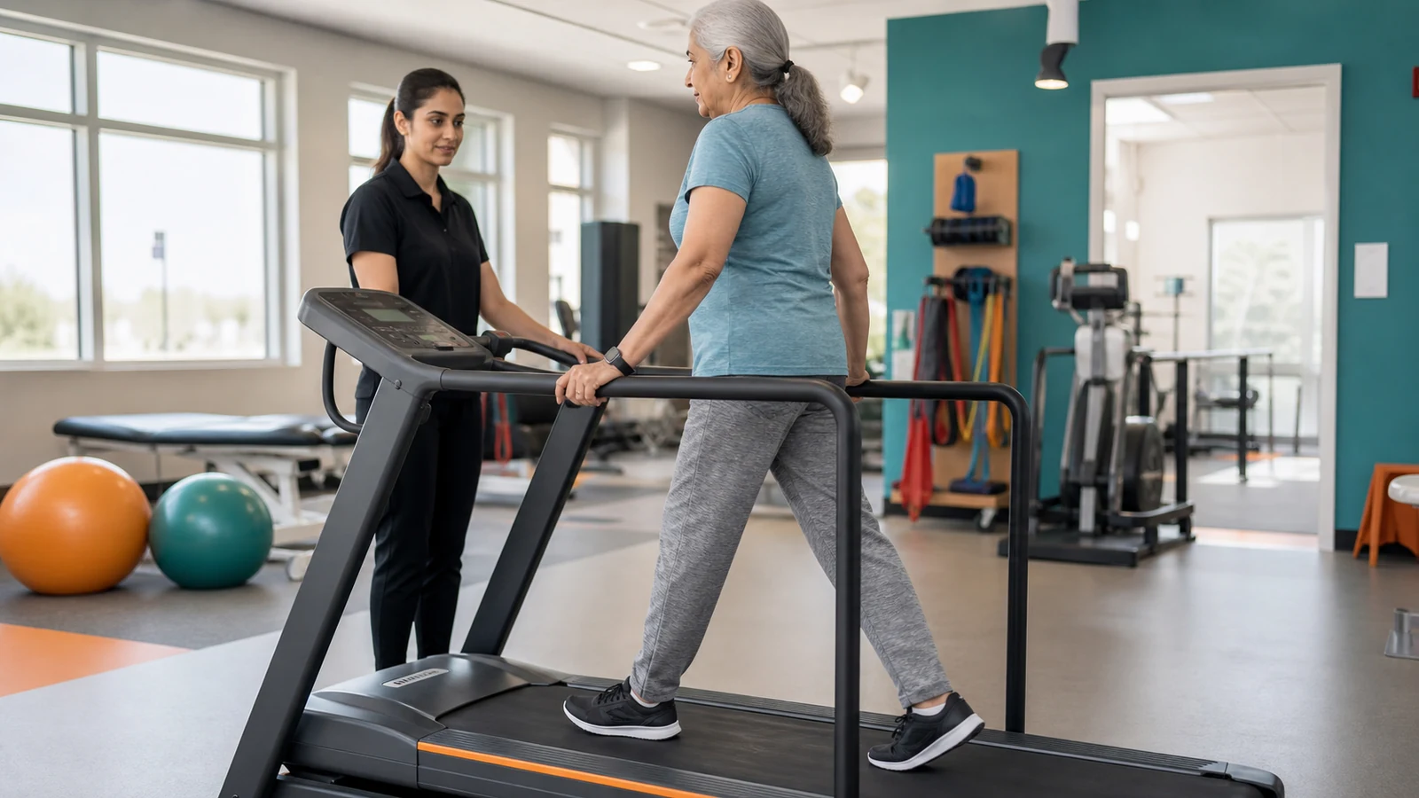 Physical therapist supervises an older woman using a treadmill with both hands on the rails