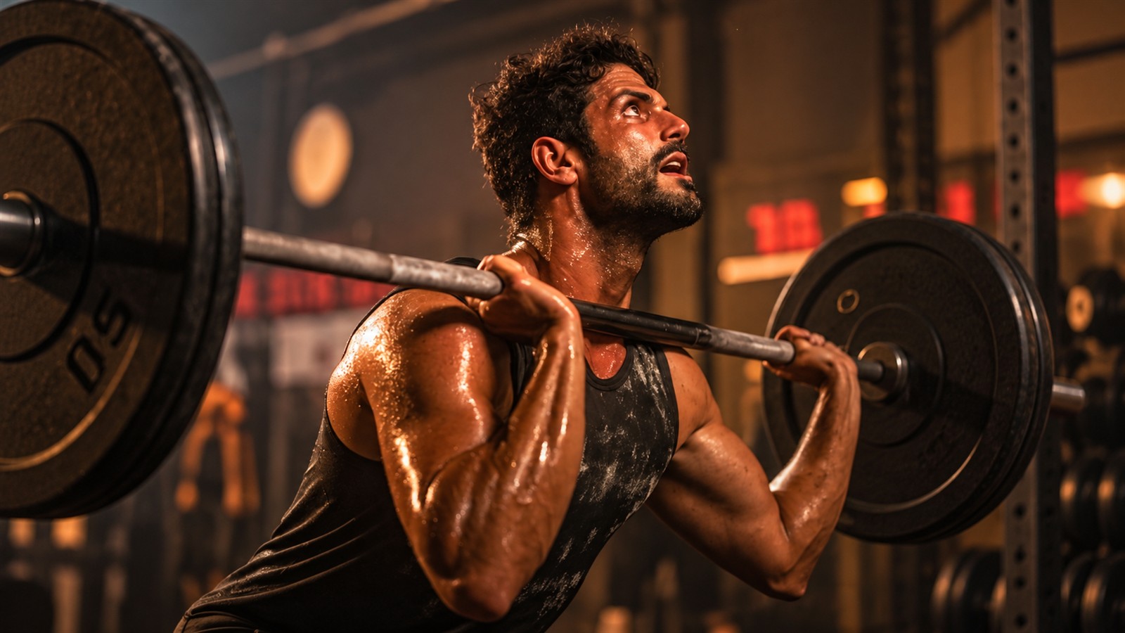 A man in a black tank top holds a barbell at chest height in a warmly lit gym.