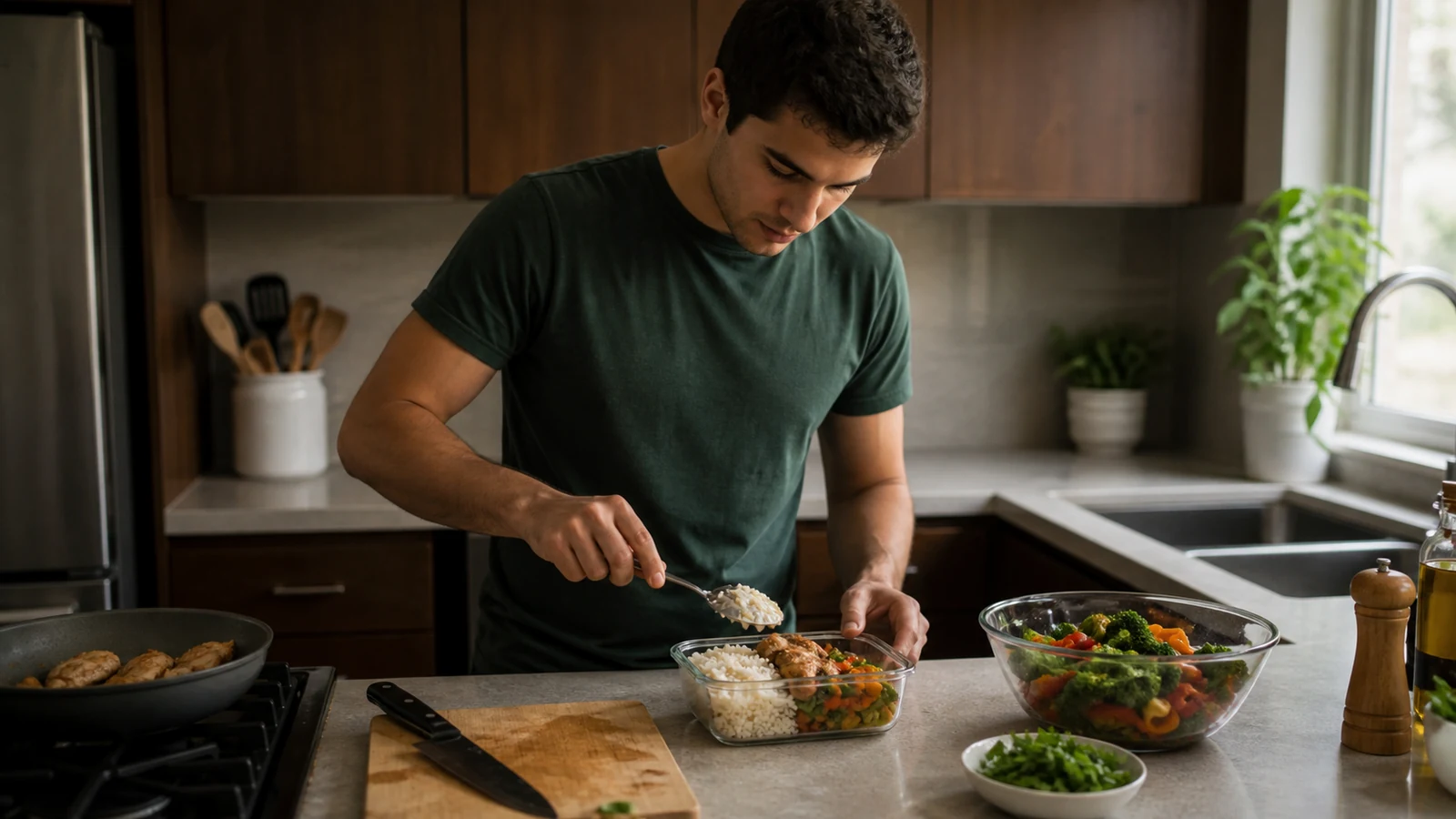 Recreational lifter preparing a balanced meal at home.
