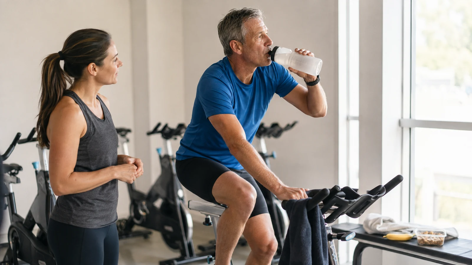 An adult performs steady indoor cycling in a controlled gym setting