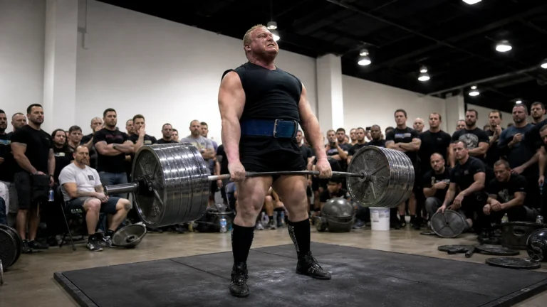 Editorial recreation of Benedikt Magnusson locking out a 460.5 kg raw deadlift at a crowded 2011 powerlifting meet.