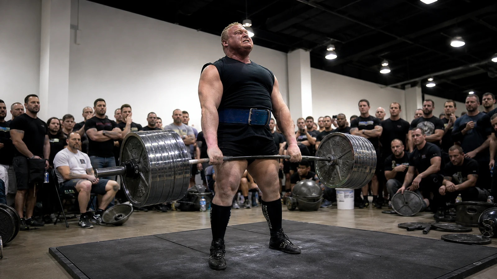 Editorial recreation of Benedikt Magnusson locking out a 460.5 kg raw deadlift at a crowded 2011 powerlifting meet.