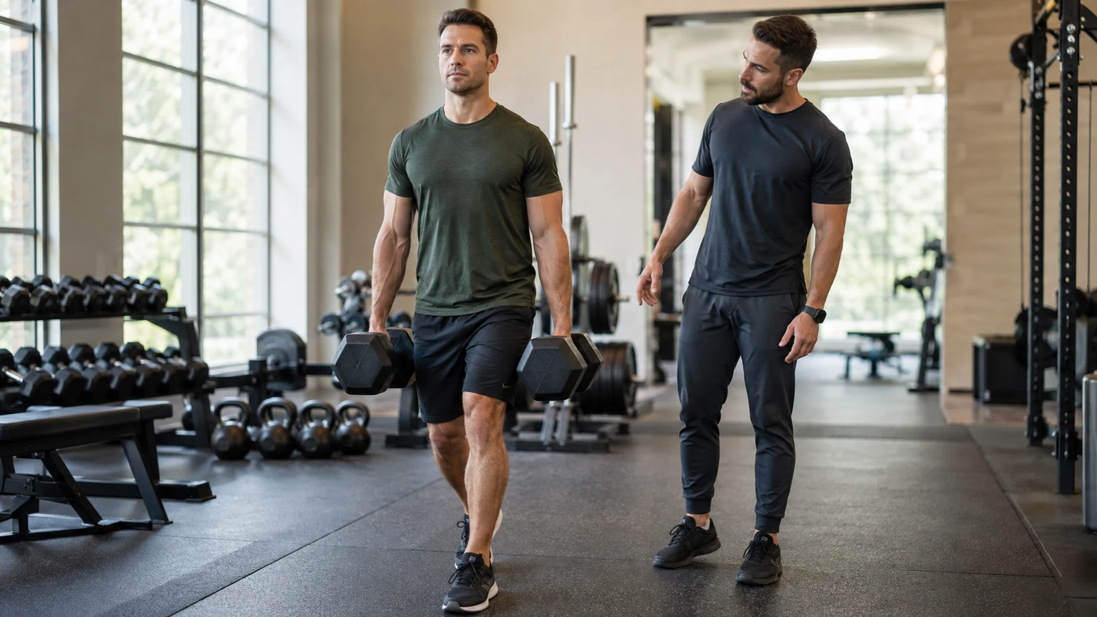 A recreational male lifter performs a controlled farmer carry while a coach watches his posture and grip.