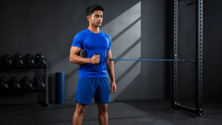 Man holding a resistance-band handle with his elbow beside a rolled towel in a gym