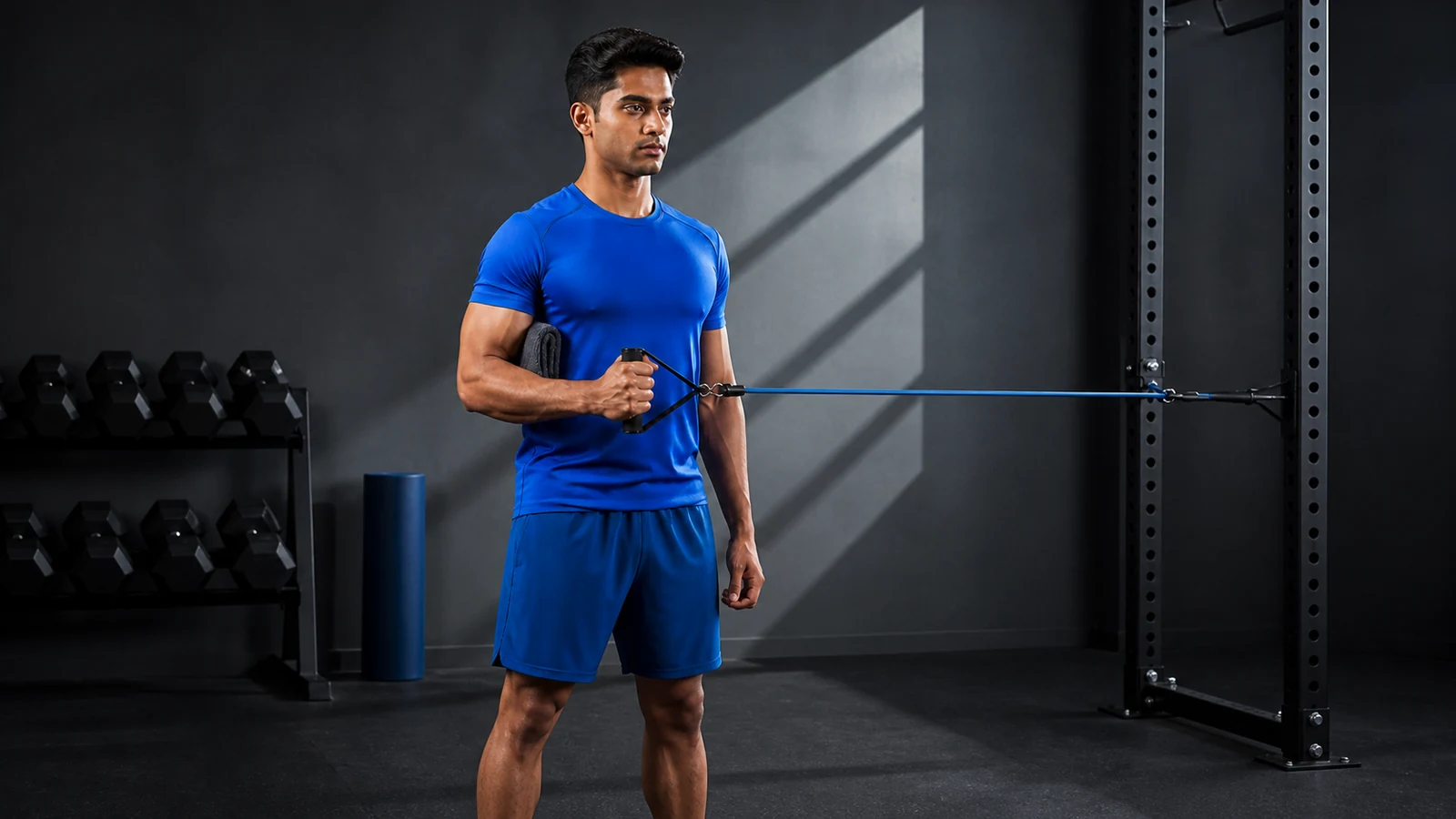 Man holding a resistance-band handle with his elbow beside a rolled towel in a gym