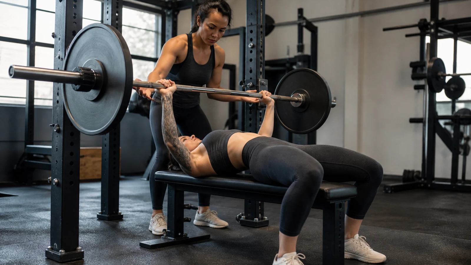 A woman bench presses a moderate barbell load while a trained spotter stands ready