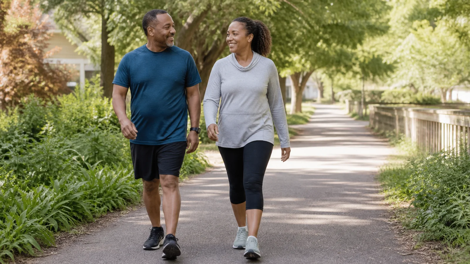 Middle-aged couple walks together on a tree-lined path as part of a regular activity routine