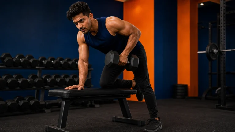 Man performing a supported one-arm dumbbell row in a gym.