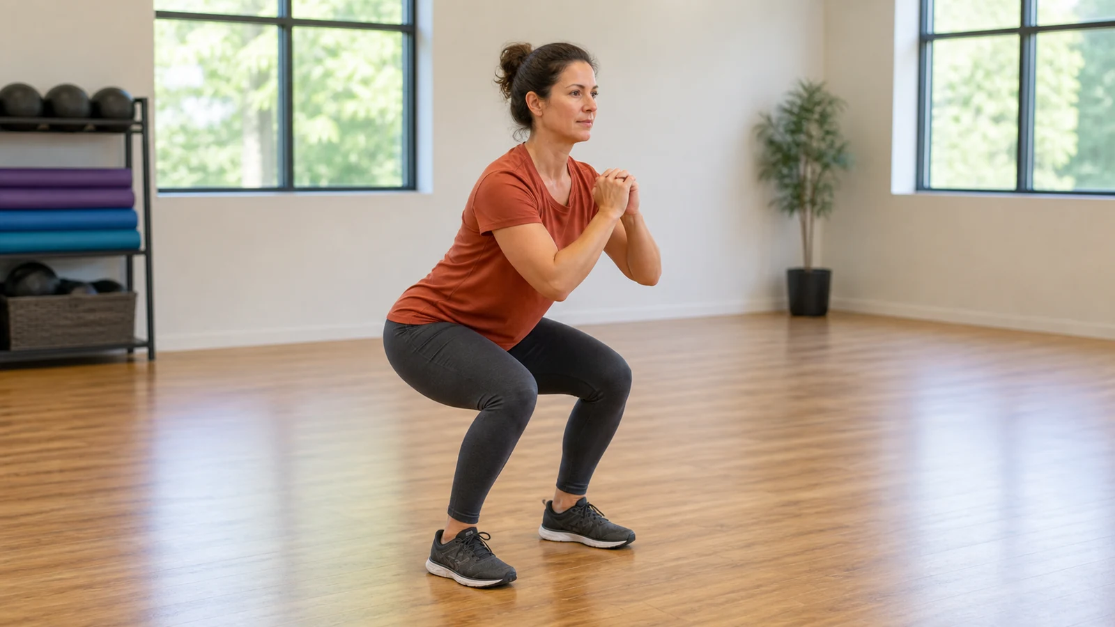 Adult practicing a controlled bodyweight squat in a bright exercise space.