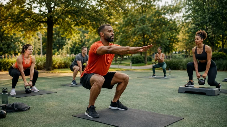 Coach demonstrates a squat during an outdoor boot camp class with scaled exercise stations.