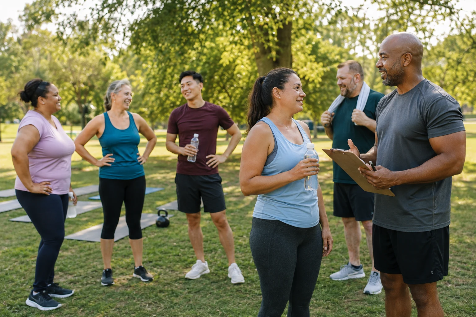 Coach speaks with a first-time participant while a boot camp class cools down together.