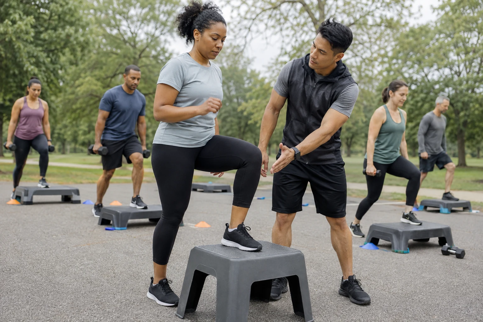 Boot camp coach cues knee and hip alignment during a low step-up.