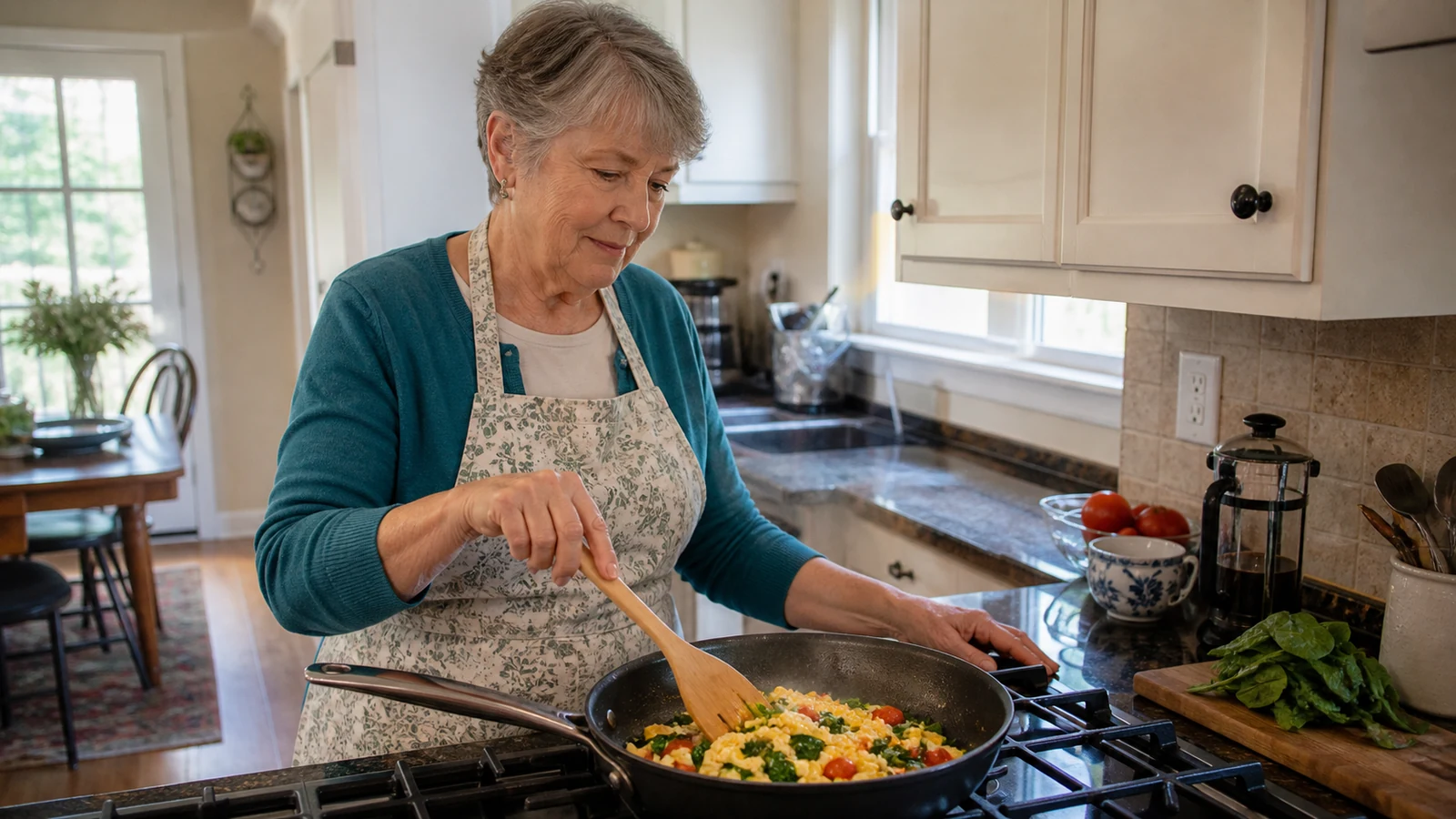 Older woman preparing scrambled eggs with spinach and tomatoes in a home kitchen.