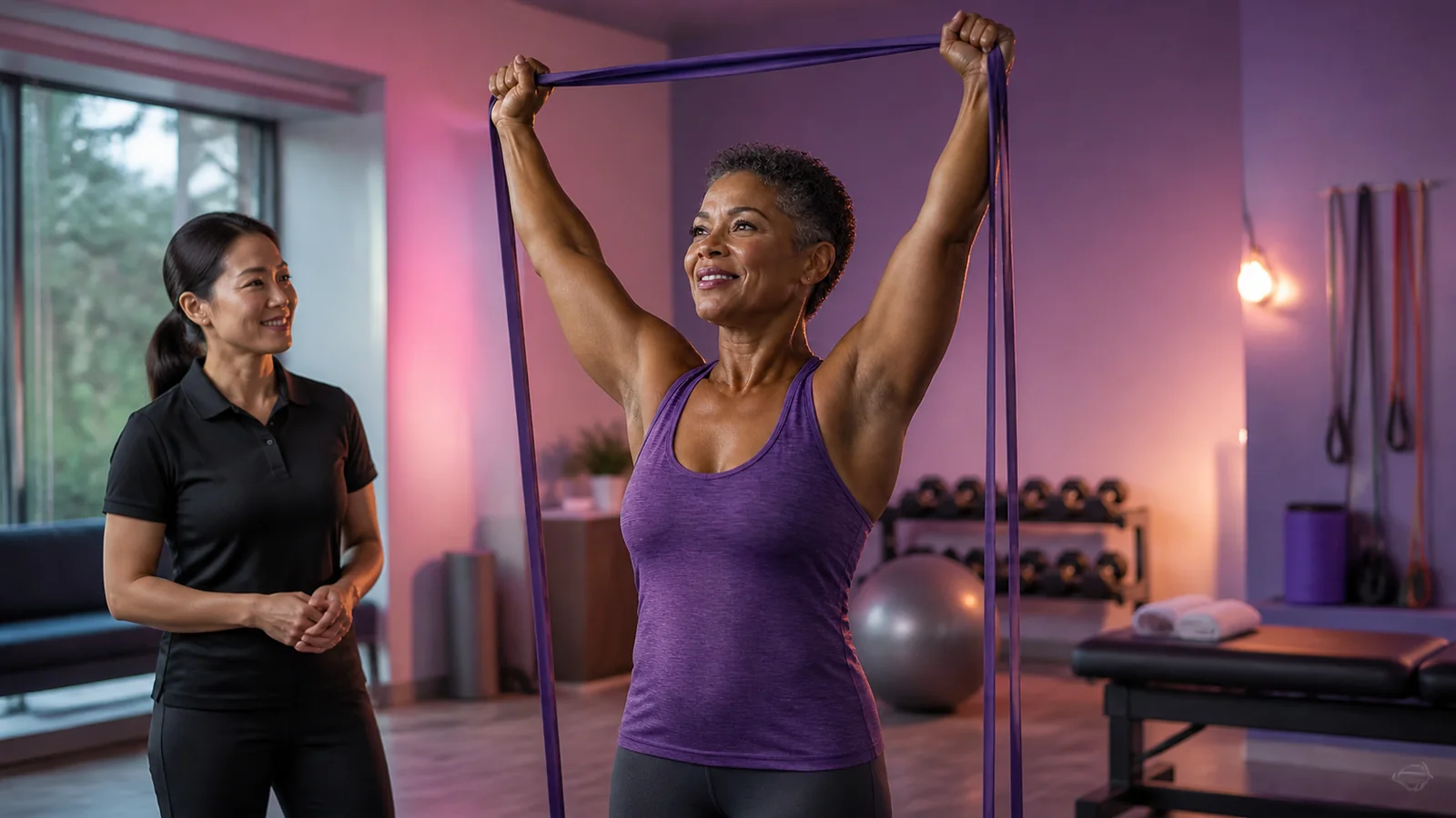 Woman performs a resistance-band exercise while a rehabilitation professional supervises