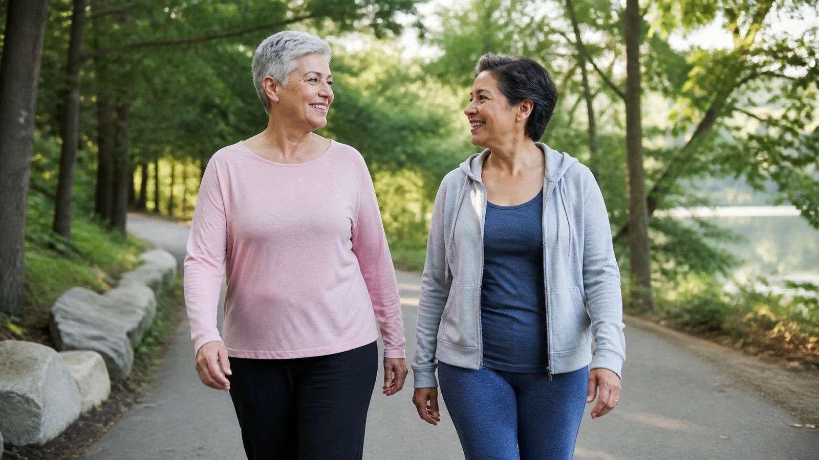Two older women walk together on a shaded park path as an illustration of gradual activity during recovery