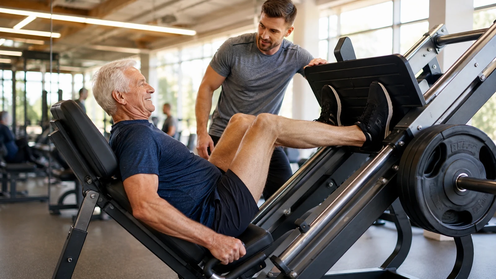 An older adult uses a leg press with a trainer supervising in a bright gym