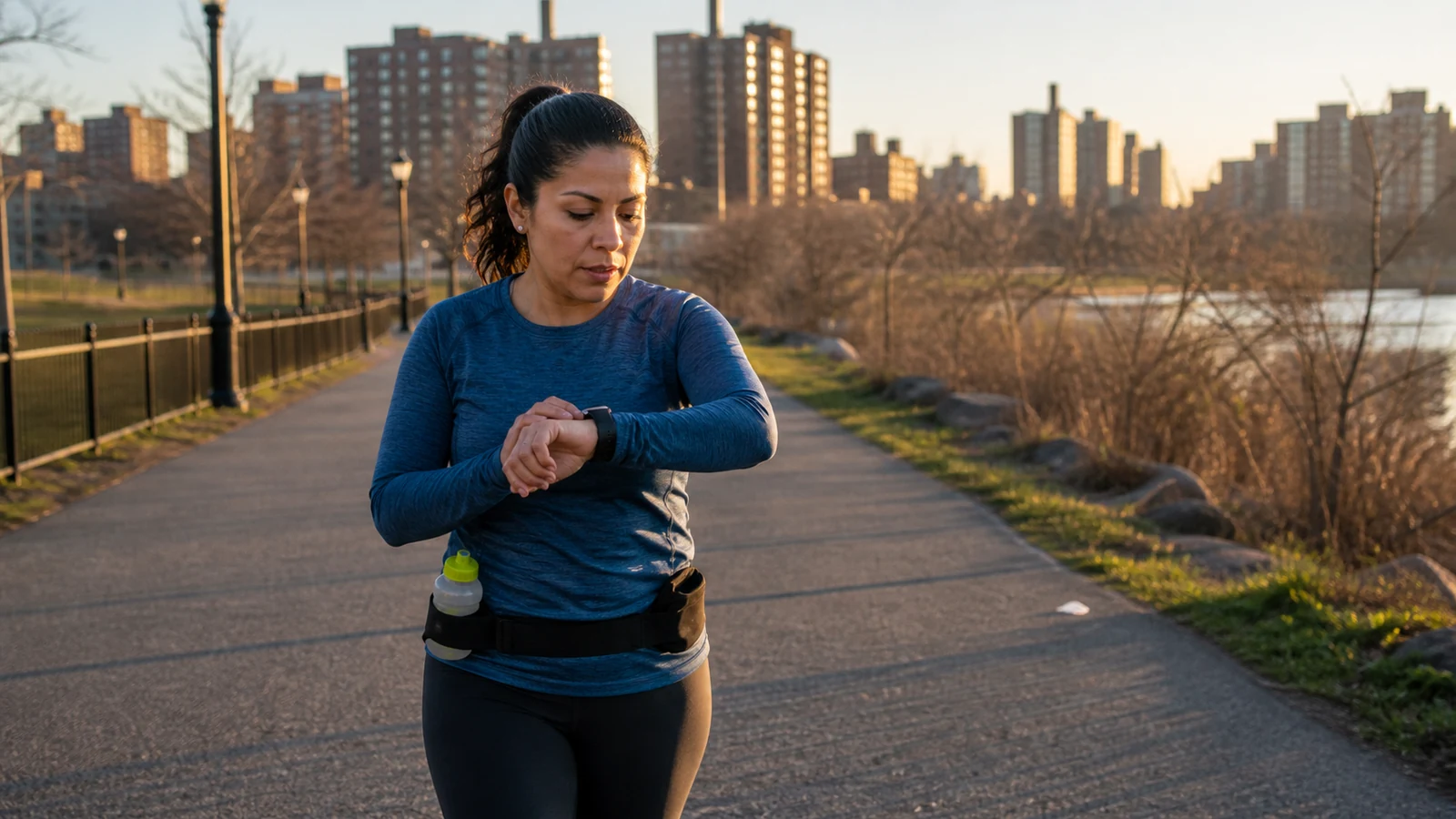 Runner checking her watch during an early morning city training run